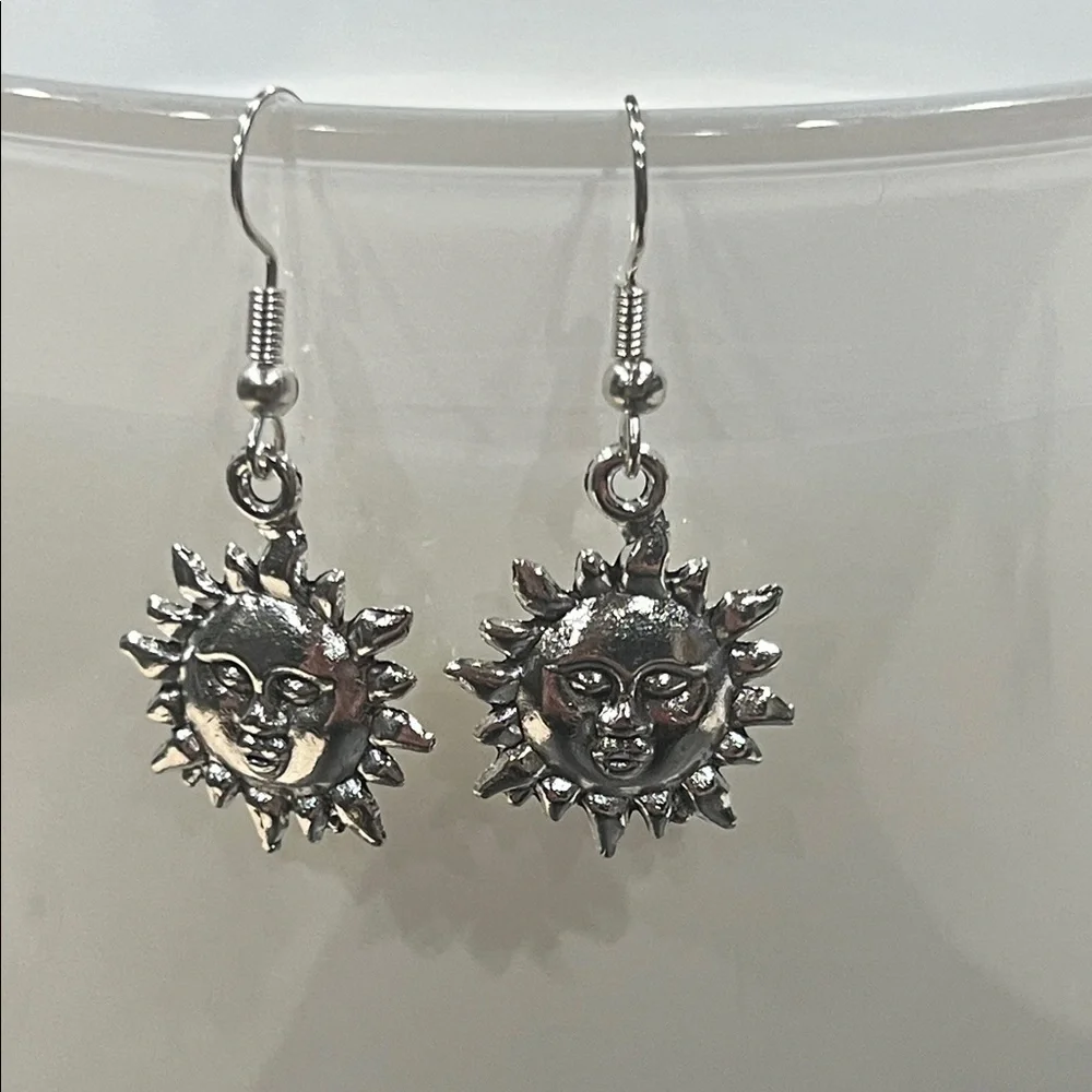 Silver Sun Face Dangle Earrings